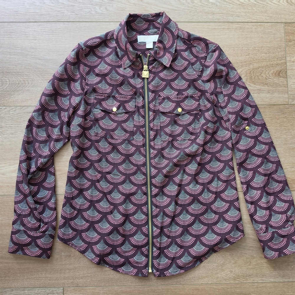 Michael Michael Kors Zip Front Utility Shirt Plum Geometric Fan Print P/S